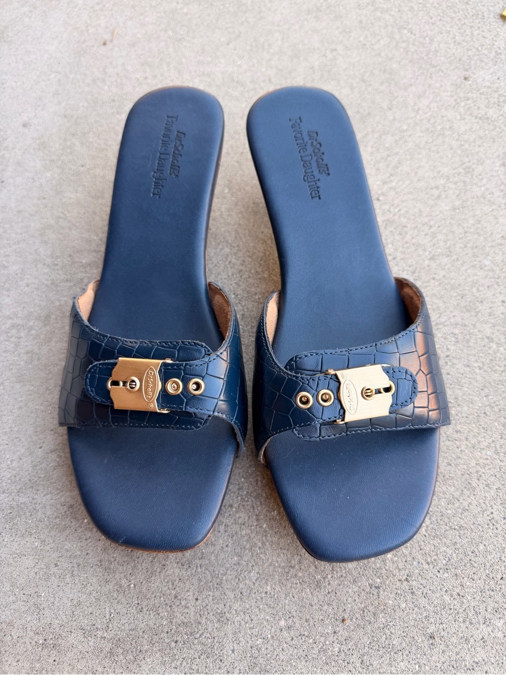Favorite Daughter Navy Croc-Texture Slide Mules with Gold Studs